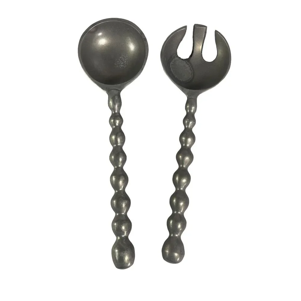 Retro Metal Pewter Salad Servers Serving Utensils Set MCM Rustic Grey Gray